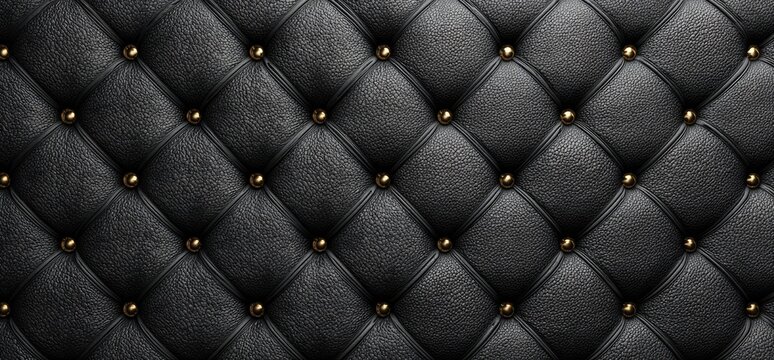 Close-up of black leather upholstery with button tufting. Details of the diamond pattern are visible
