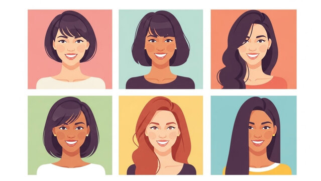 Collection of diverse female avatars stylized portraits with different hairstyles and ethnicities perfect for user profiles and website design