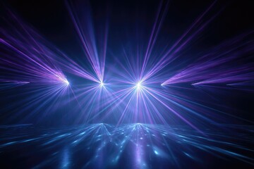 Obraz premium Bright purple and blue laser beams radiate out over a reflective, textured surface, dark background