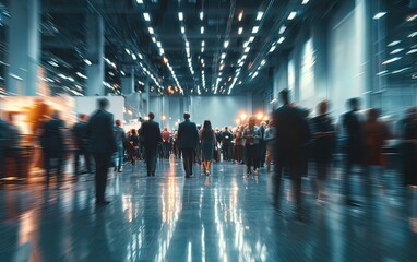Crowded indoor event hall with motion blur