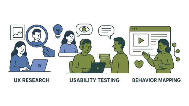 An illustration of UX research, usability testing, and behavior mapping processes