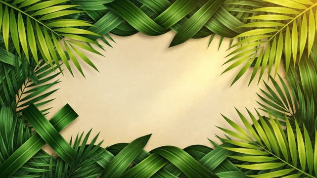 Tropical green palm leaves frame appearing on beige paper background with copy space