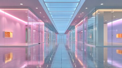 Modern hallway with glass walls and pink lighting