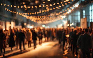 Crowd at indoor event with string lights