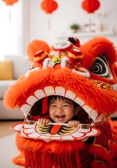 Happy Asian Toddler Peeking from Red Chinese Lion Dance Costume