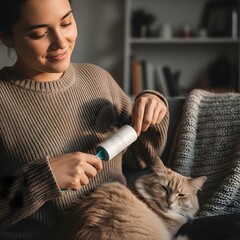 Smiling Woman Removing Pet Fur from Sweater