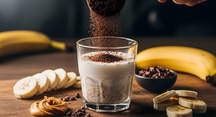 Chocolate Protein Powder Being Added to Oatmeal and Milk in a Glass with Banana and Peanut Butter
