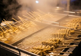 Korean Fish Cake Skewers (Odeng) Boiling on Street Food Stall