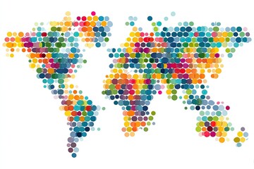 Fototapeta premium Colorful mosaic, depicting world map, composed of varied-sized, overlapping circles on white background