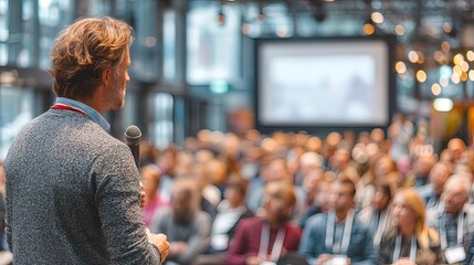 Man speaking to an audience in a conference