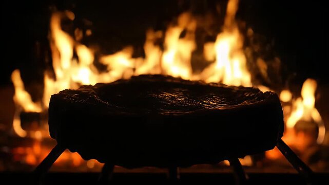 Silhouette of a thick steak cooking over intense flames in an outdoor fireplace, creating a dramatic and primal cooking scene.