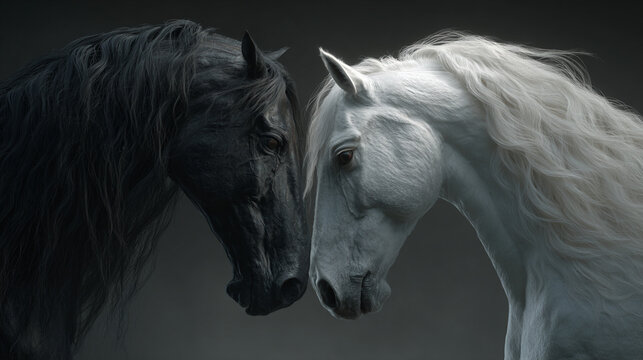 Portrait of a black horse & a white horse w/ flowing manes, their faces almost touching, w/ a soft gradient background, embodying the balance between light & dark