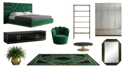 Collection of Art Deco style furniture pieces isolated on transparent background, featuring geometric shapes, gold, and velvet for glamorous interior design.