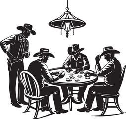 Western Saloon Card Game Silhouette: Four Cowboys Playing Poker
