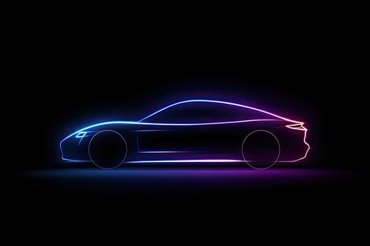 A sleek, side profile of a modern car, rendered in vibrant neon colors against a black backdrop