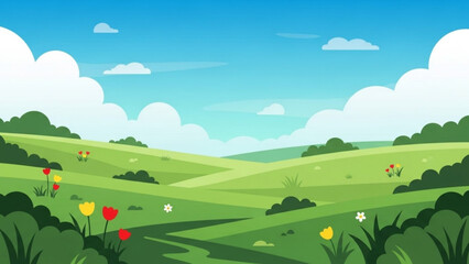 Vibrant spring landscape with rolling green hills blooming tulips and fluffy clouds perfect for nature travel or seasonal themes