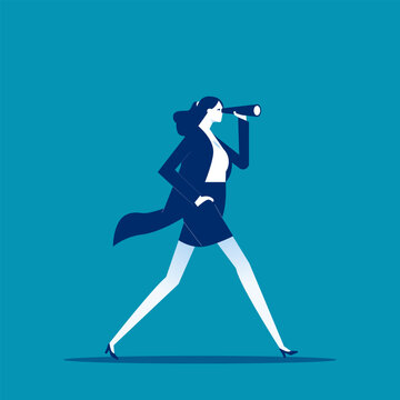 Businesswoman walking with spyglass tube. Business vector style