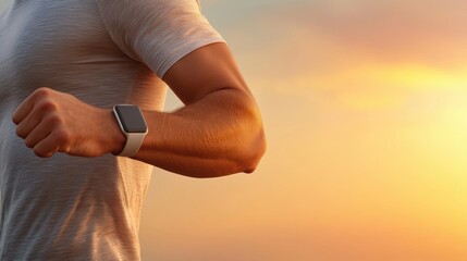 man checks his smartwatch while jogging at sunset, highlighting fitness and technology integration in an active lifestyle.