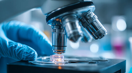 Fototapeta premium Scientist in blue gloves adjusts a microscope for scientific research
