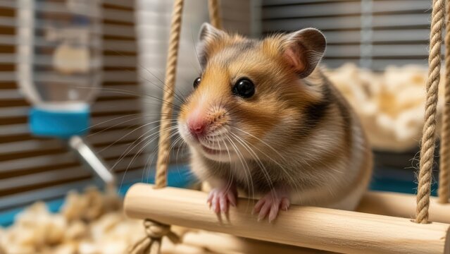 A cute brown and white hamster sitting on a wooden swing inside its cage, looking curious and alert.
