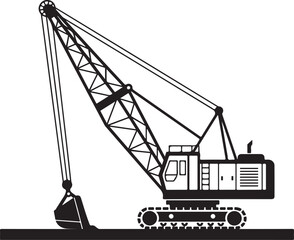 Black silhouette icon of a heavy dragline excavator on crawler tracks. © Picture Paradise