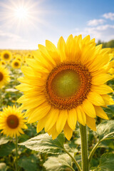 Fototapeta premium Close-up of bright sunflower head with detailed seeds under sunlight
