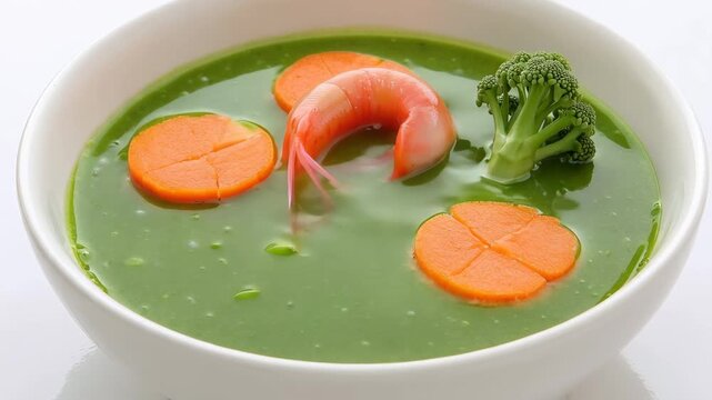 Overhead view of green pea soup bowl with carrot coin lily pads broccoli tree and prawn swimming. Realistic fantastical creative kids menu content, commercial.