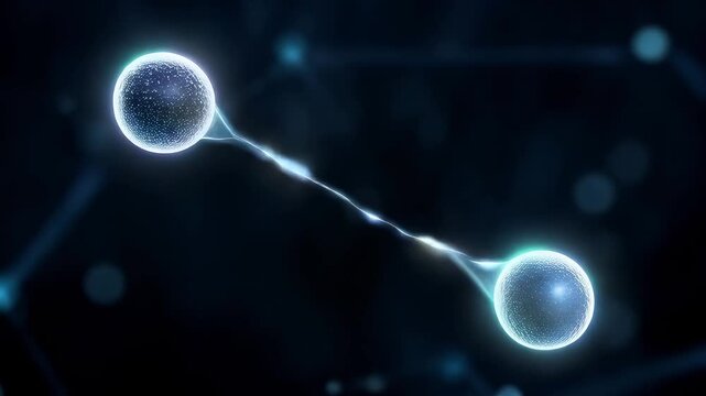 Abstract close-up of two quantum particles connected by glowing probability thread. Realistic mesmerizing elegant quantum computing keynote, commercial.