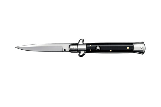 Stiletto knife with an open blade and black handle displaying weapon, crime, and danger concepts