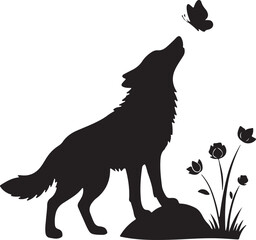 Wolf Silhouette and Butterfly Decal Design Black and White Graphic