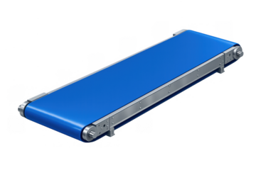 Blue conveyor belt transporting goods in industrial factory production, automation, and manufacturing process, transparent background