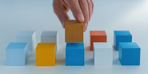 Hand Arranging Wooden Cubes on a Table for Activity Planning and Conference Organization in Soft Blue Morning Light with Copy Space for Business Concepts