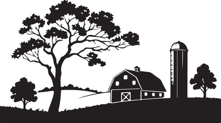 Rural Farm Landscape Silhouette with Barn, Silo, and Tree Vector Graphic
