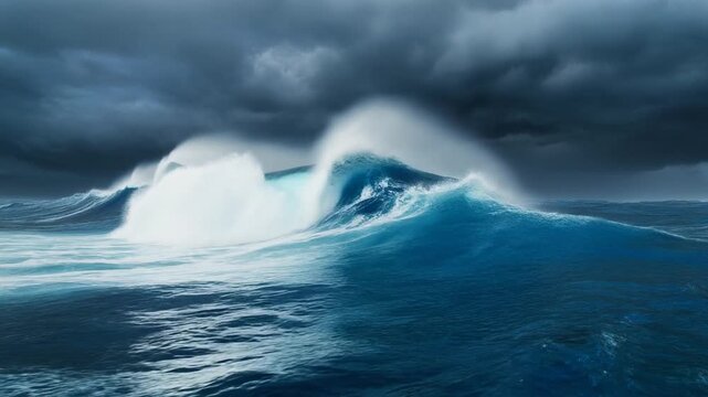 Dramatic ocean waves crashing under a stormy sky, a powerful natural display