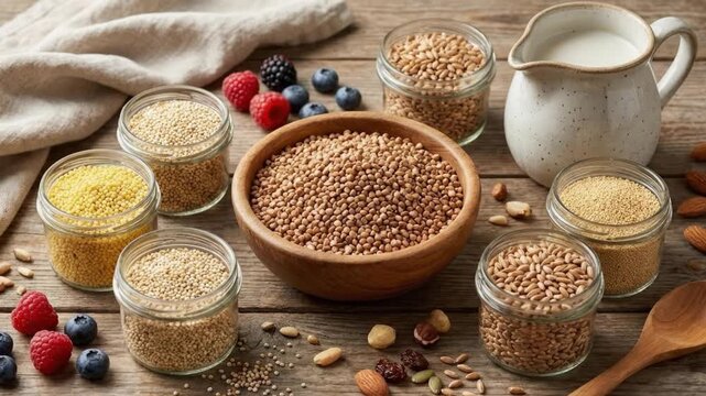 Assorted healthy grains including buckwheat millet and quinoa with milk and berries on rustic wood table