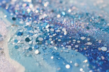 Close-up of blue and white painted surface sprinkled with glitter, showcasing texture