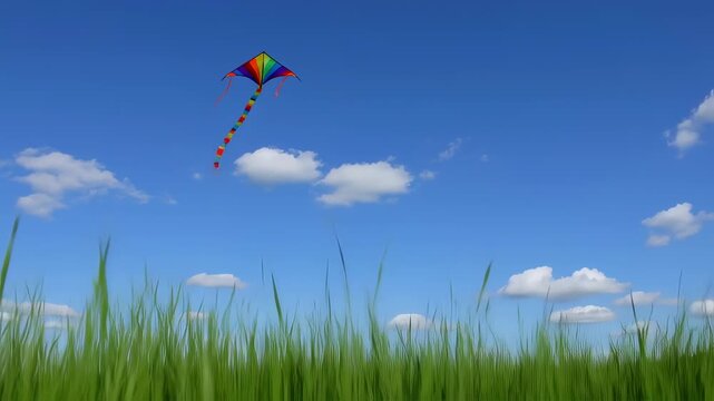 A colorful kite flies in a vibrant blue sky with fluffy white clouds, above a field of green grass