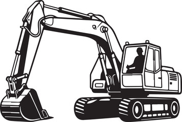 Side View of Excavator with Operator Silhouette Black and White Illustration