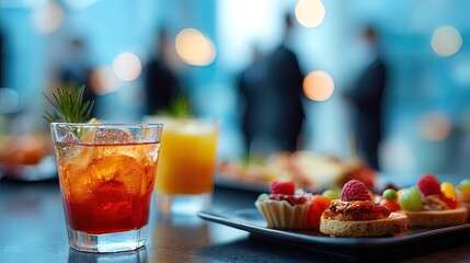 Cocktail and appetizers on a bar counter