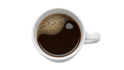 Overhead view of a white mug filled with dark coffee and foam