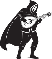 Mysterious Lute Player Icon: Black and White Masked Bard in Cloak