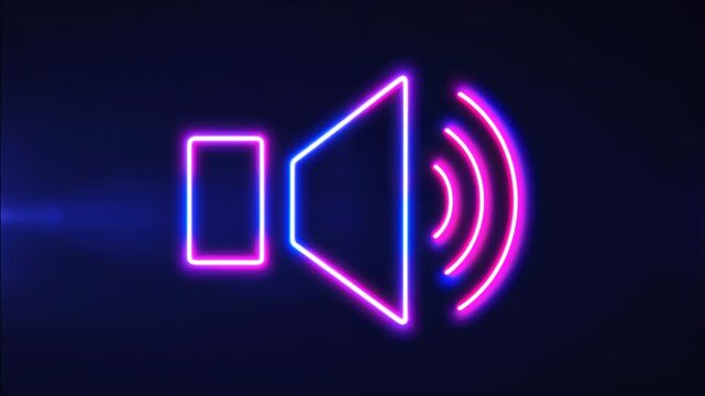 A neon sound icon, featuring a speaker emitting waves, is set against a dark blue background