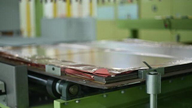 A close-up view of a fraction of an industrial machine showcasing processes in manufacturing. The setup highlights sheets of material ready for production in a factory environment.