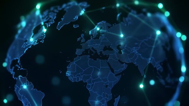 A digital Earth map with glowing lines and points, hinting at global connectivity on a dark background