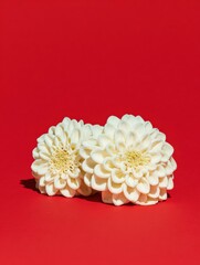 White Dahlia Flower Sculptures made of Frosted Icing sitting on Vibrant Red Background with Copy Space, Elegant Floral Decoration for Wedding or Holiday Banner