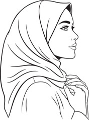 Line art profile illustration of a beautiful Muslim woman wearing a hijab