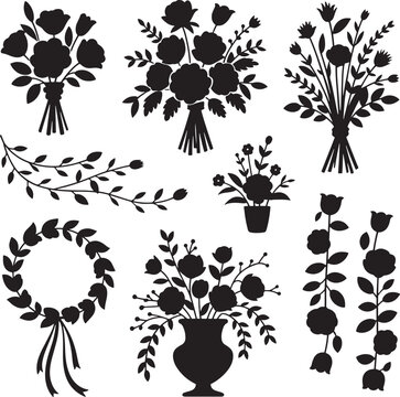 Wedding floral silhouettes collection includes bouquets branches wreath vase arrangements and decorative stems vector set