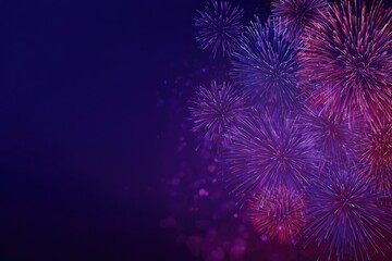 Artistic depiction of festive explosions with violet, red, and blue lights against a dark background
