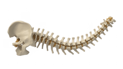 Human spine model with pelvis and vertebrae skeletal system isolated on a transparent background