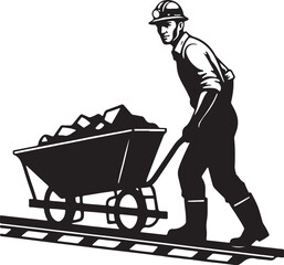Coal Miner Pushing Wheelbarrow Loaded with Coal on Mine Tracks Retro Woodcut